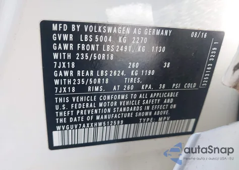 2017 Volkswagen Tiguan 2.0T Sport z USA, uszkodzony, nr VIN WVGUV7AXXHW512599